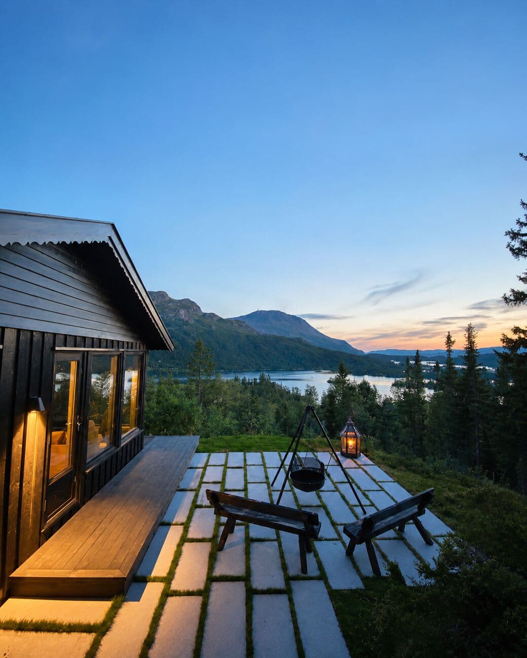 Hytte med terrasse og utsikt over fjell og vann i kveldslys